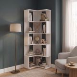 W5240 Wilma Köşe Kitaplık Beyaz, 5 Katlı Açık Raflı 180 Cm Modern Köşe Kitaplığı