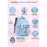Waddell Ithal Kaliteli Mavi Su Geçirmez Lüx Ilkokul Ortaokul Sırt Çantası Cüzdan Hediye Kolonlu Aksesuarlı - 42x20x32