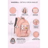 Waddell Ithal Kaliteli Pembe Su Geçirmez Lüx Ilkokul Ortaokul Sırt Çantası Cüzdan Hediye Kolonlu Aksesuarlı - 42x20x32