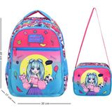 Waddell Lisanslı Pembe Turkuaz Anime Kız Desenli Kız Çocuk Sırt Çantası İkili Set 40 cm - Pembe - Lacivert