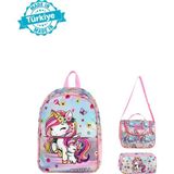 Waddell Lisanslı Toz Pembe Unicorn Desenli Anaokul Sırt Çantası,beslenme Çantası ve 2 Cepli Kalemlik - 3 Lü Set