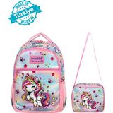 Waddell Lisanslı Unicorn Desenli Okul Sırt Çantası ve Beslenme Çantası,ilköğretim Sırt Çantası - Toz Pembe - 40-17-30
