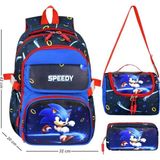 Waddell Mavi Kırmızı Sonic Deri Baskılı Temalı İlkokul Sırt Çantası,Termal Beslenme Çantası Ve Kalemlikli 26206 - Mavi - Kırmızı - 42x20x32
