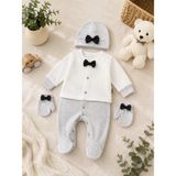Waffle Baby Bebek Tulum Takımı 3 Parça Yenidoğan Şapkalı Eldivenli Erkek Bebek Hastane Çıkışı Seti - 07G-Gri - 6 - 9 Ay