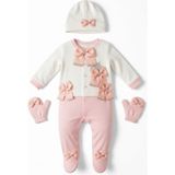 Waffle Baby Bebek Tulum Takımı 3 Parça Yenidoğan Şapkalı Eldivenli Erkek Kız Bebek Hastane Çıkışı Seti - 002-Pembe - 0 - 6 Ay