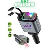 Wair Teknoloji USB C Type-C Araç Şarj Aleti, 4'ü 1 Arada Hızlı Şarj Araç 66W Araç USB Çakmaklık Şarj Cihazı - Siyah - Gri