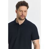 Walfer Erkek Koyu Lacivert Likralı Pamuk Karışımlı Yaka Detaylı Slim Fit Kıvrılmaz Yaka Polo Yaka Tişört - 3XL