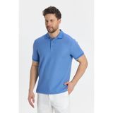 Walfer Erkek Mavi Likralı Pamuk Karışımlı Yaka Detaylı Slim Fit Kıvrılmaz Yaka Polo Yaka Tişört - 2XL