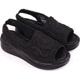 Walkenzo 4708 Kadın 5 cm Dolgu Topuklu Örgü Sandalet - Siyah