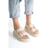 Walkenzo FNCY-602 Günlük Kadın Çift Tokalı Rahat Sandalet - Krem