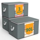 WALL QMER 3'lü Paket 90L Saklama Torbaları, Kapaklı Saklama Kutuları, Kulplu Dolap Düzenleyici, Giysiler, Battaniyeler, Yastıklar ve Oyuncaklar için Katlanabilir Yatak Altı Depolama, Gri