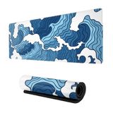 Wallacely Japon Mavi ve Beyaz Dalga Oyun Mouse Pad XL, Kaymaz Kauçuk Tabanlı Fare Altlığı, Dikişli Kenarlar Masa Altlığı, Genişletilmiş Büyük Fare Pedi, 80 X 25 cm