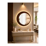 Wallover Design Belinza Kablosuz LEDLİ Yuvarlak Dresuar Aynası - Özel Tasarım Ceviz MDF Rodajlı Ledli Duvar Aynası