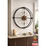 Wallover Design Büyük Boy Jumbo Sessiz Duvar Saati, Siyah/Ceviz Detaylı Sessiz Metal (Paslanmaz) Duvar Saati 55x55