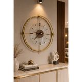 Wallover Design Metal Gold Çift Çemberli TEMPERLİ Camlı Duvar Saati Junbo Ceviz Büyük Boy 55x55 CM Orjinal Metal Sessiz Duvar Saati
