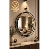 Wallover Design ORJİNAL METAL Kablosuz LEDLİ SİYAH XL Boy Layra Ayna - Kablosuz Pilli Ledli Ayna - Dekoratif Metal Dresuar Aynası Metal Wc Aynası Metal Makyaj Aynası 60 x 75