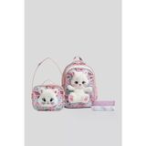 WANDER BAG Kız Çocuk Peluş Kedili İlkokul Okul Sırt Çantası Beslenme Çantası ve Kalemlik 3'lü Set