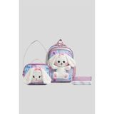Wander Bag Kız Çocuk Peluş Tavşanlı Ilkokul Okul Çantası Beslenme Çantası ve Kalemlik 3'lü Set - 1 Adet - Pembe - Mavi