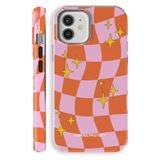 WANNA PROTECT iPhone 12 ile Uyumlu Çift Katmanlı Darbe Emici Koruma Kılıfı, Dama Desenli, Parlak, Turuncu-Pembe protect_ip12_summer