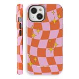 WANNA PROTECT iPhone 14 ile Uyumlu Çift Katmanlı Darbe Emici Koruma Kılıfı, Dama Desenli, Parlak, Turuncu-Pembe protect_ip14_summer
