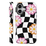 WANNA PROTECT iPhone 16 ile Uyumlu Çift Katmanlı Darbe Emici Koruma Kılıfı, Dama Çiçek Desenli, Parlak protect_ip16_summer