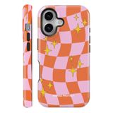 WANNA PROTECT iPhone 16 ile Uyumlu Çift Katmanlı Darbe Emici Koruma Kılıfı, Dama Desenli, Parlak, Turuncu-Pembe protect_ip16_summer