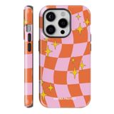 WANNA PROTECT iPhone 16 Pro ile Uyumlu Çift Katmanlı Darbe Emici Koruma Kılıf, Dama Desenli, Parlak, Turuncu-Pembe protect_ip16pro_summer