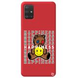 WANNA PROTECT Samsung A71 ile Uyumlu Kırmızı Silikon Telefon Kılıfı, Ayıcık Desenli, Premium Kadifeli İç happiness_180