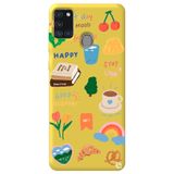WANNA PROTECT Samsung Galaxy A21s ile Uyumlu Sarı Renkli Sticker Desenli Kadife İç Silikon Telefon Kılıfı Stickerr_177