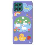 WANNA PROTECT Samsung M22 ile Uyumlu Lila Premium İçi Kadife Happy Duck Desenli Silikon Telefon Kılıfı