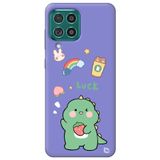 WANNA PROTECT Samsung M22 ile Uyumlu Lila Premium Silikon Telefon Kılıfı, Kadife İç, Dinozor Desenli