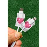 WANNA PROTECT Type-C ve Lightning iPhone Samsung Xiaomi Uyumlu Yumuşak Silikon Kablo Ucu Koruyucu, Şeffaf Pembe Balon Kalp kablouclar