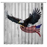 WANVYON 4 Temmuz Duş Perdesi Kel Kartal Amerikan Bayrağı Vatansever Bağımsızlık Günü Rustik Ahşap Banyo Dekoru Kancalı Polyester Perdeler