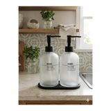 WARDY 2'li Tezgah Üstü Standlı Sıvı Sabunluk Seti Siyah Ahşap Standlı 500+500 ml