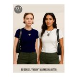 warn Kadın 2'li Lacivert-beyaz Bisiklet Yaka Likralı Kısa Kol Body Crop T-shirt
