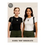 warn Kadın 2'li Siyah Beyaz Bisiklet Yaka Likralı Kısa Kol Body Crop T-shirt