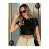 warn Kadın Bisiklet Yaka Likralı Kısa Kol Kısa Crop T-Shirt -Siyah Beyaz Likralı Crop