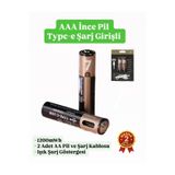 WASHA İnce Pil AAA Pil USB Type-C Kablo ile Şarj Edilebilir Lityum 2'li İnce Pil 1.5V AAA / 1200mWh
