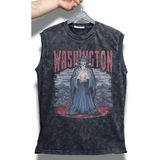 Washington Yazılı Yıkamalı Kolsuz Tişört, Unisex Basketbol Temalı Sıfır Kollu Vintage Atlet - Siyah - 2XL