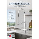 Watalina Likuan 3 Yollu Spiralli Krom Mutfak Bataryası Arıtmalı Çekmeli Evye Musluğu NKD52N12CP - Gümüş
