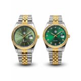 Watch Of Royal Çift Saati Crest Line Silver Gold Yeşil Kol Saati