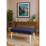 Waterybrook Bench Bank Puf - Keten - Beyaz Ahşap Ayaklı - Retro Modern Tasarım & Dekoratif Sehpa - Lacivert