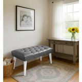 Waterybrook Bench Bank Puf - Suni Deri - Beyaz Ahşap Ayaklı - Retro Modern Tasarım & Dekoratif Sehpa - Gri