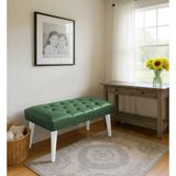 Waterybrook Bench Bank Puf - Suni Deri - Beyaz Ahşap Ayaklı - Retro Modern Tasarım & Dekoratif Sehpa - Yeşil
