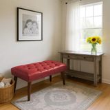 Waterybrook Bench Bank Puf - Suni Deri - Ceviz Ahşap Ayaklı - Retro Modern Tasarım & Dekoratif Sehpa - Kırmızı