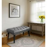 Waterybrook Bench Bank Puf - Suni Deri - Siyah Ahşap Ayaklı - Retro Modern Tasarım & Dekoratif Sehpa - Gri
