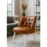 Waterybrook Berjer Sandalye - Kapitoneli Suni Deri - Beyaz Ahşap Ayaklı - Retro Modern Tasarım - Taba