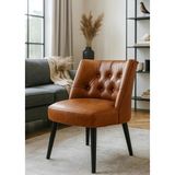 Waterybrook Berjer Sandalye - Kapitoneli Suni Deri - Siyah Ahşap Ayaklı - Retro Modern Tasarım - Taba
