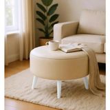 Waterybrook Suni Deri Large Puf - Beyaz Ahşap Ayaklı - Retro Modern Tasarım & Dekoratif Sehpa - Krem
