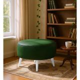 Waterybrook Suni Deri Large Puf - Beyaz Ahşap Ayaklı - Retro Modern Tasarım & Dekoratif Sehpa - Yeşil